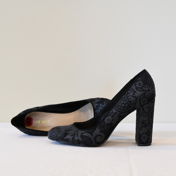 Nine West Shoes - Nine West Black Velvet Embossed Block Heel